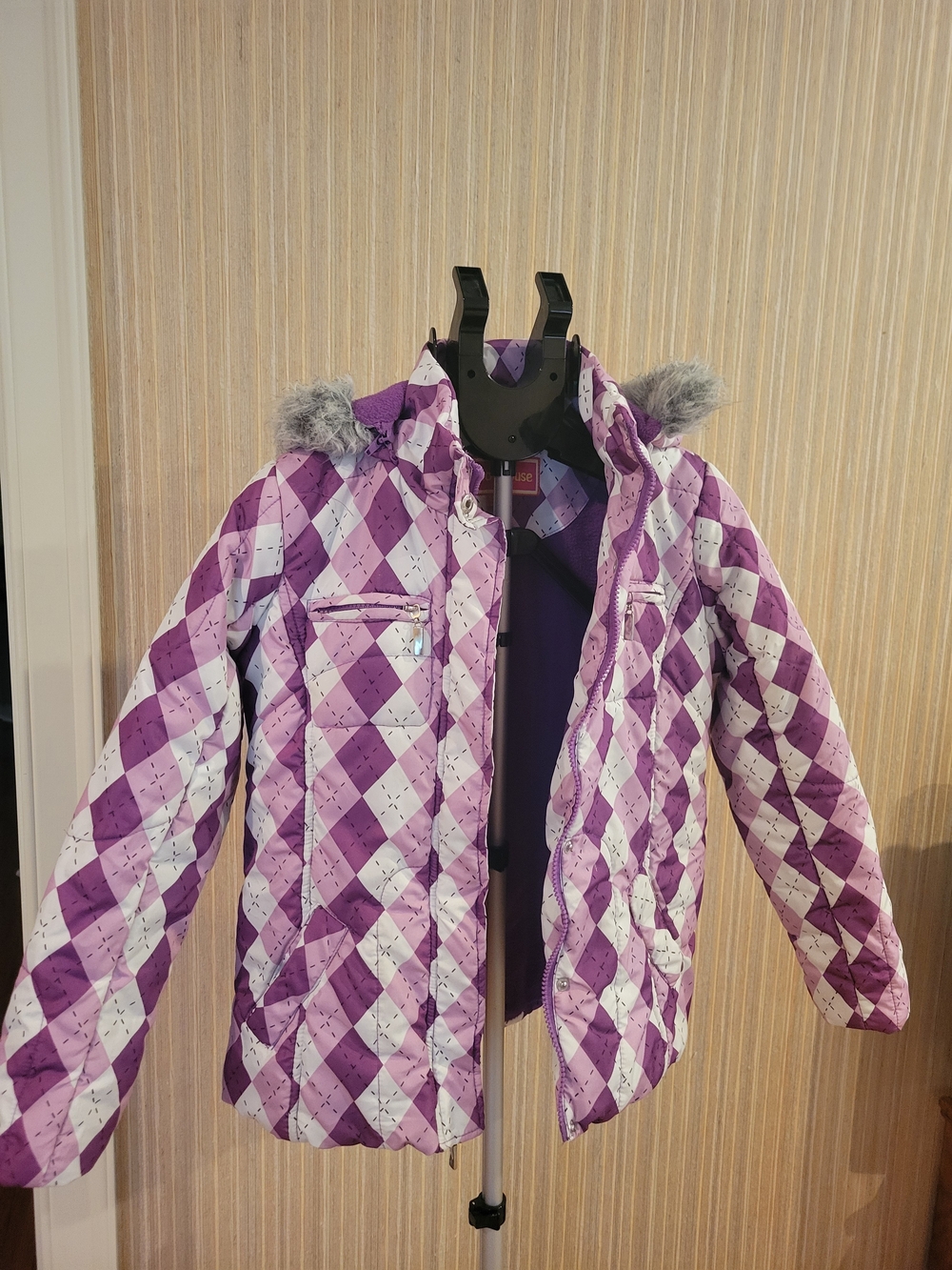 Dollhouse Purple and White Argyle Puffer Jacket with Faux Fur Hood Large 14